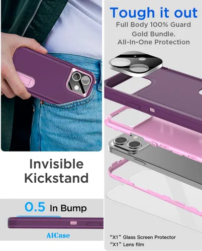Miniatura 5 de AICase Funda para iPhone 11 con soporte integrado con protector de pantalla de vidrio + lente de cámara, resistente protección contra caídas, cuerpo