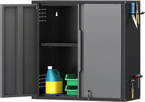 Miniatura 10 de Coolsun Armario de Pared de Metal, Armario de Pared de Garaje con Puerta Abatible hacia Arriba, Gabinete de Almacenamiento de Metal Montado