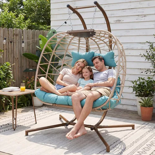 Miniatura 13 de NICESOUL Acogedora silla colgante con soporte para interiores y exteriores, silla columpio de mimbre para patio con cojín y patas doradas, 350
