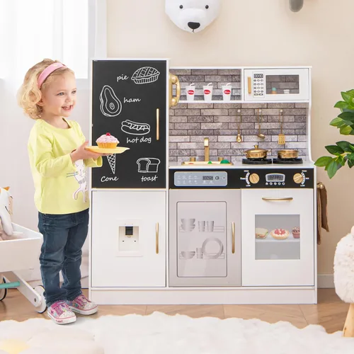 Miniatura 9 de HONEY JOY Juego de cocina para niños de 39 pulgadas, juego de cocina grande de madera con pizarrón, teléfono, utensilios, horno, microondas