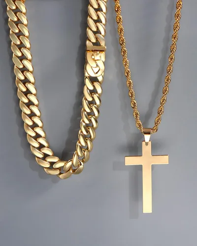 Miniatura 5 de 2 collares de cruz para hombres y mujeres, cadena de eslabones cubanos de plata dorada y negra para hombres, cadena de cuerda en capas, collar
