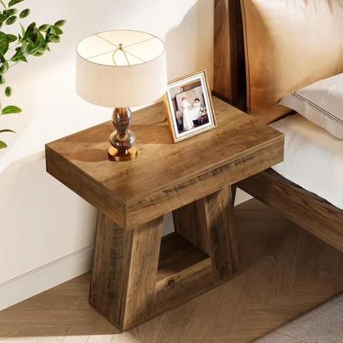 Miniatura 7 de Tribesigns Mesa auxiliar moderna de 24 pulgadas, mesa auxiliar de madera estrecha de 2 niveles con base trapezoidal, mesita de noche pequeña