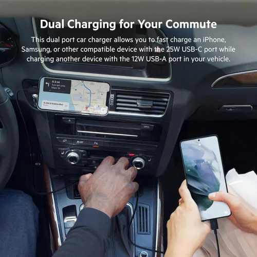 Miniatura 2 de Belkin Cargador de coche dual USB de 37 vatios - Puerto USB-C de entrega de energía de 25 W y puerto USB-A de 12 W para carga PPS de Apple iPhone