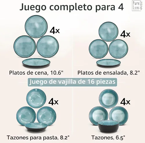 Miniatura 6 de Juego de vajilla de 16 piezas para 4 - Juego de vajilla de gres de estilo moderno - Platos y cuencos de cerámica resistentes a los arañazos y aptos