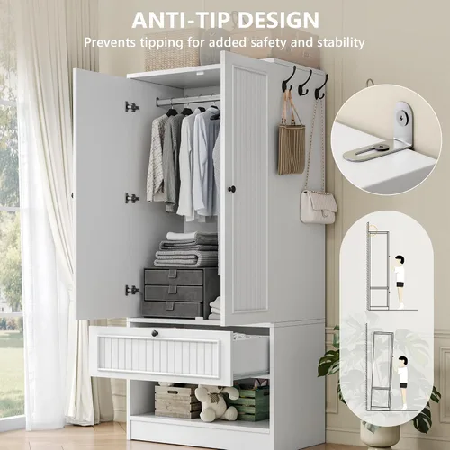 Miniatura 7 de iPormis Armario de madera con puerta de espejo y cajón, armario para recámara con 2 puertas para colgar ropa, color blanco