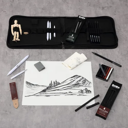 Miniatura 4 de Soho Urban Artist Juego de dibujo de carbón con maniquí en estuche con cremallera, carbón de dibujo para artistas, estudiantes, mezclas, dibujos