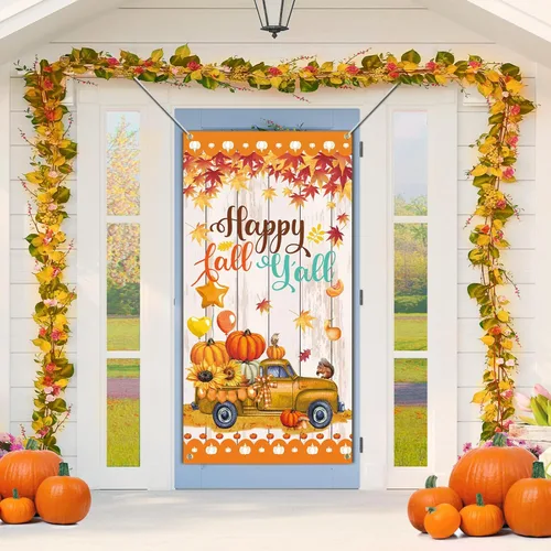 SENSEVEN Cartel de puerta con texto en inglés "Happy Fall Y'all", cartel grande de bienvenida para el porche de Acción de Gracias, decoración de