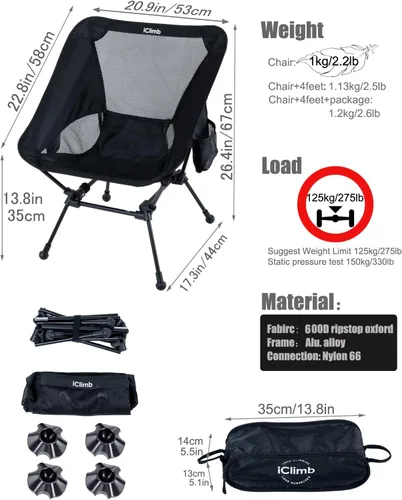 Miniatura 3 de iClimb Silla de camping ultraligera compacta plegable para playa con pies grandes antihundimiento y soporte de espalda con cuerda