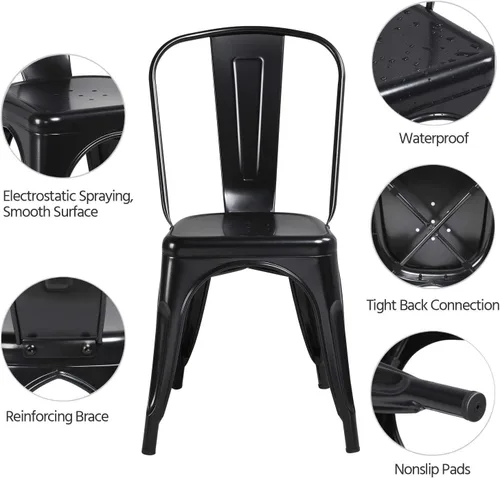 Miniatura 4 de Topeakmart Juego de 4 sillas de comedor de metal con respaldo alto, sillas industriales negras para interiores y exteriores, elegante comedor