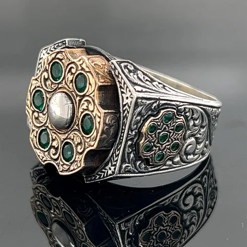 Miniatura 3 de Men Handmade Emerald Stone Ring, Rotating Split Ring, Micro Stone Ring, Ottoman Style Silver Ring, 925k Sterling Silver Ring