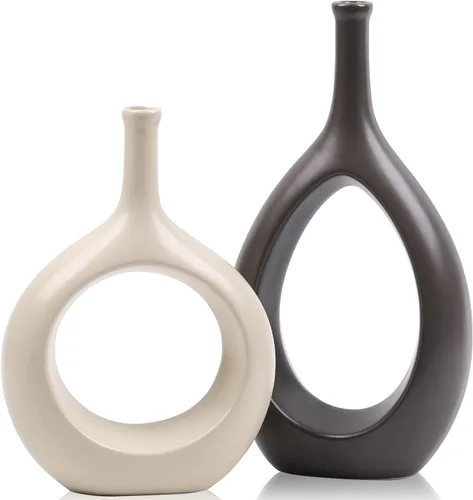 Jarrón de Cerámica Blanco y Marrón, Jarrones Blancos Claros para Decoración del Hogar, Jarrón Moderno Minimalista Circular con Agujero, Jarrones