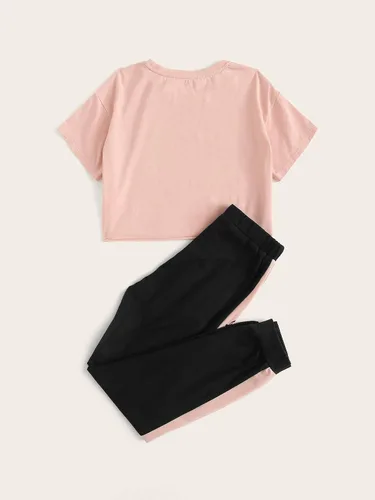 Miniatura 2 de Floerns Conjunto de 2 piezas de camiseta corta y leggings de manga corta con estampado de letras para niñas
