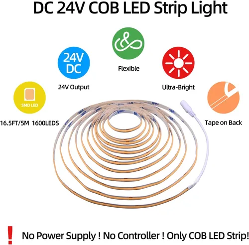 Miniatura 7 de Luces de tira LED 24V COB LED Blanco cálido 3000K Súper brillante tira LED 16.4 pies 5M sin puntos de alta densidad Corta y flexible para proyectos
