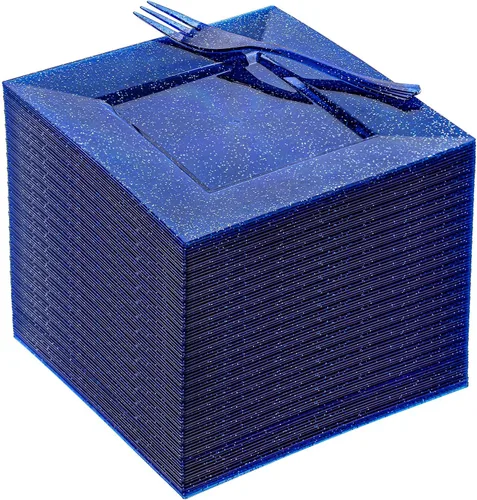 Miniatura 18 de DaYammi 200 platos de postre dorados, incluyendo 100 platos de aperitivo de 6 pulgadas, 100 tenedores de plástico de 5.7 pulgadas, platos cuadrados