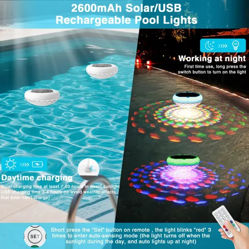 Miniatura 3 de Luces solares para piscina (1 unidad), 2600 mAh USB recargables luces flotantes flotantes de 6.7 pulgadas IP68 impermeable con control remoto, RGB