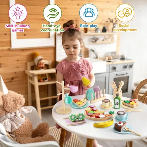 Miniatura 4 de GAGAKU Juego de Platos de Juguete de Madera para Niños - 27 Piezas Accesorios de Cocina de Juego Montessori Juego de Platos y Cuencos, Soporte