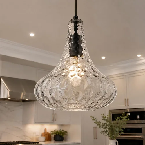 Miniatura 10 de AUTELO Luces Colgantes Azules para Isla de Cocina, Luces Colgantes de Vidrio Martelado de 25.4 cm, Modernas Luminarias Colgantes con Acabado