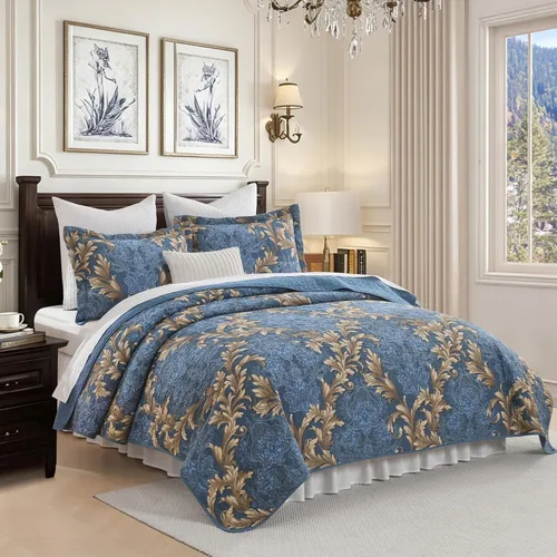 Miniatura 7 de Juego de edredón Queen 100% algodón – Colcha floral de damasco azul, juego de ropa de cama reversible de estilo europeo clásico de 3 piezas, ligero