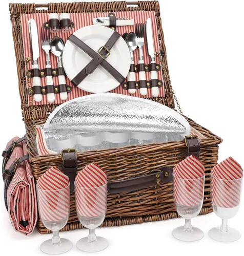 Miniatura 12 de Cesta de picnic para 4 personas – Cestas con hielera y manta de picnic, cesta de picnic clásica de mimbre con alfombrilla de playa impermeable y a