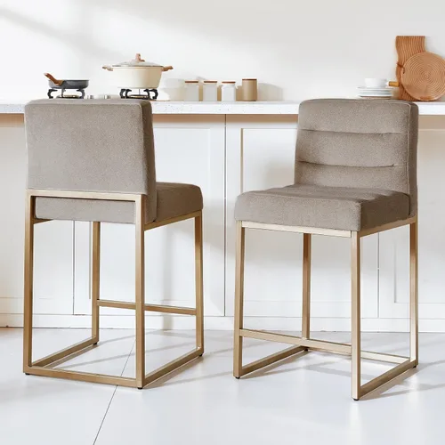 Miniatura 11 de GrandNoor Juego de 2 taburetes de bar modernos de piel sintética beige de 25 pulgadas con patas traseras de metal resistentes, cableado a cuadros