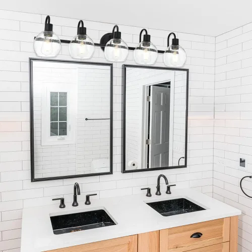 Miniatura 2 de Accesorios de iluminación de tocador de baño negros de 5 luces sobre espejo, iluminación moderna de pared con apliques de vidrio esmerilado