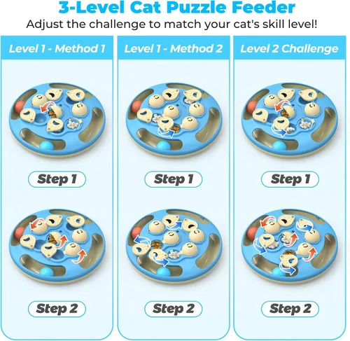 Miniatura 4 de Comedero de rompecabezas 3 en 1 para gatos, juguete interactivo de nivel 3 con bolas de pista, teaser de plumas e inserto de alimentador lento, base