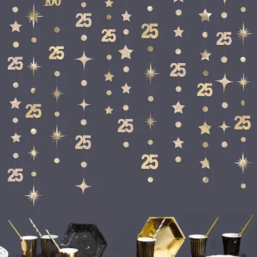 Miniatura 8 de Decoraciones negras de cumpleaños número 25 con círculos, estrellas, guirnalda de serpentina, telón de fondo para mujeres y hombres, saludos a