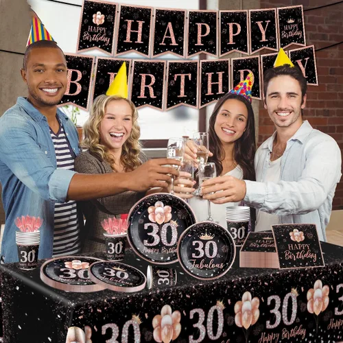 Miniatura 4 de 142 piezas de vajilla de 30 cumpleaños para mujer, suministros de fiesta de cumpleaños de 30 años de color oro rosa para ella, mantel desechable, 30