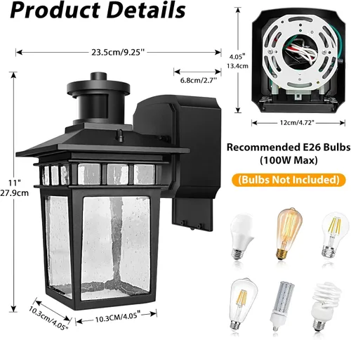 Miniatura 7 de Luces de Porche Exteriores con Sensor de Movimiento con Toma GFCI, 3 Modos de Luminaria Exterior del Anochecer al Amanecer, Luminaria de Iluminación