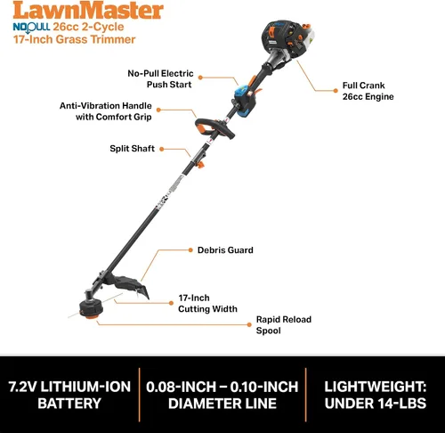 Miniatura 7 de LawnMaster NPTGSP2517A - Cortadora de césped a gas sin tirones con arranque eléctrico de 25 cc, 2 ciclos de 17 pulgadas