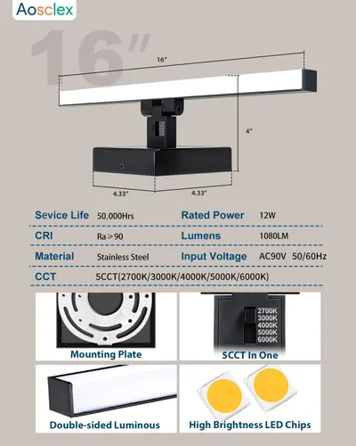 Miniatura 6 de Aosclex Luces de baño de 16 pulgadas sobre el espejo, giratorias, 12 W, 1080 lúmenes, 5CCT, ajustables (2700 K a 6000 K), lámparas LED regulables