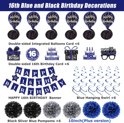Miniatura 4 de Decoraciones de cumpleaños número 16 para niños y niñas, pancarta azul de feliz cumpleaños número 16, decoración de fiesta de dieciséis cumpleaños