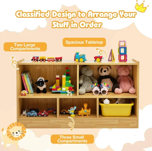 Miniatura 4 de KOTEK Organizador de almacenamiento de juguetes, estantería infantil de 5 cubos, estantería de madera de 3 niveles, estante abierto para guardería