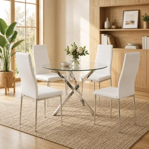 Miniatura 8 de Juego de mesa de comedor redonda de vidrio templado para 4, juego de mesa de cocina moderna de 5 piezas con 4 sillas tapizadas para cocina y comedor