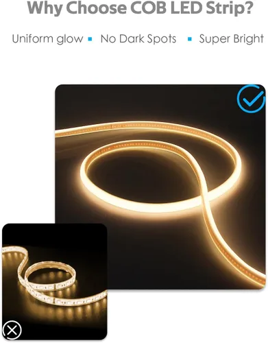 Miniatura 3 de Tira de luces LED COB de 5 M para dormitorio, 16.4 pies, luces LED de cuerda para exteriores, impermeable, blanco cálido, CA de 110 V ~ 120 V