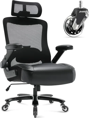 Silla de oficina grande y alta, 600 libras con brazos abatibles 3D, reposacabezas ajustables, ruedas grandes resistentes, silla de escritorio Brazo
