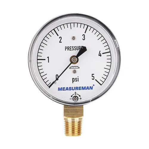 MEASUREMAN Medidor de Presión de Tipo Diafragma en Cápsula de Baja Presión, Esfera de 2-1/2", Montaje Inferior de 1/4" NPT, Ajustable, 0-5 Psi