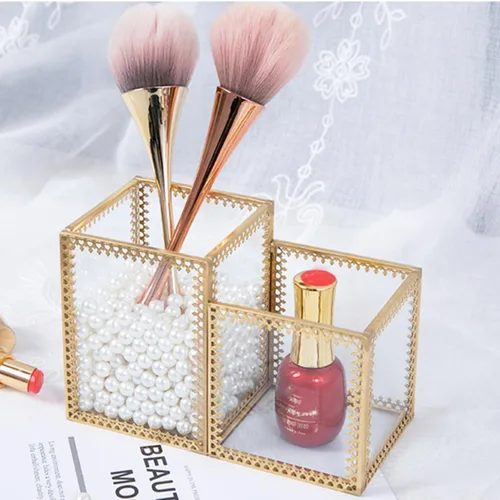 Miniatura 7 de ULTECHNOVO Two-compartment Glass Makeup Brush Holder Cosmetic Storage Organizer with Lace Design for Vanity Desk and Jewelry Display