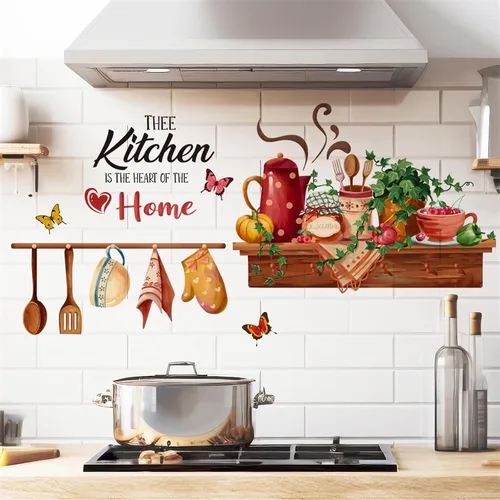 Miniatura 2 de Kitchen is the Heart of Home - Calcomanías de pared para utensilios de cocina, diseño de mariposas verdes, vinilo extraíble para cocina, comedor
