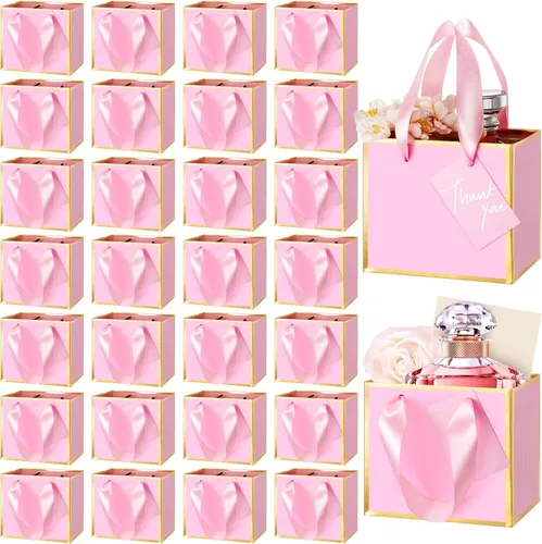 Miniatura 24 de Yeaqee 50 mini bolsas de regalo de papel de aluminio metálico con asas de 4 x 4.75 x 2.25 pulgadas, bolsa pequeña de agradecimiento de San Valentín