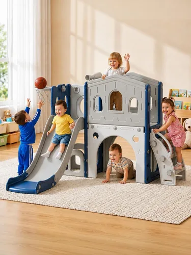 Miniatura 12 de Juego de Tobogán para Niños con Aro de Baloncesto y Telescopio, Tobogán Interior y Exterior para Niños Pequeños y Escalador para Niños y Niñas, Gris