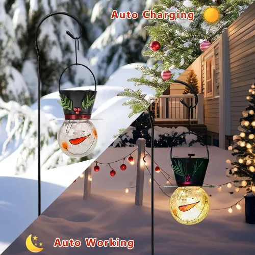 Miniatura 4 de Viveta Linterna solar de muñeco de nieve, faroles solares colgantes de Navidad, farol impermeable de cristal agrietado para exteriores con gancho