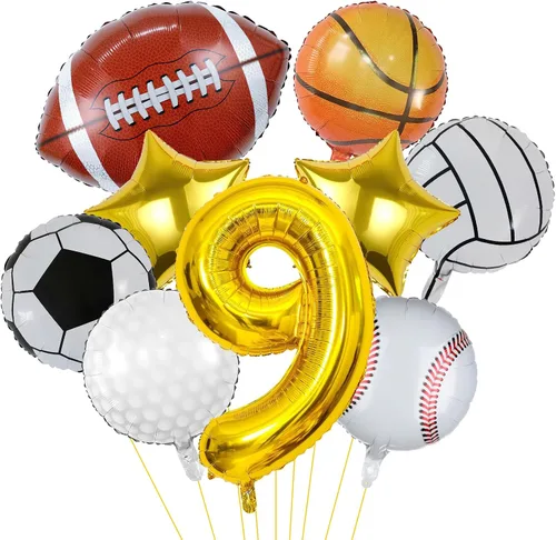 9 globos deportivos, fútbol, baloncesto, béisbol, voleibol, golf y fútbol, globo de aluminio de Mylar con número de cumpleaños deportivo,