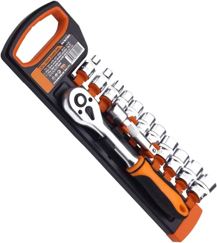 Miniatura 8 de Edward Tools Pro - Juego de llaves de vaso métricas de 1/4 pulgadas, 13 piezas, acero cromado resistente, mango de trinquete de liberación rápida