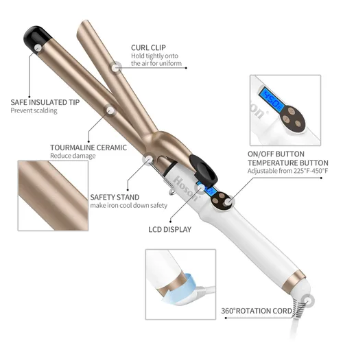 Miniatura 5 de Hoson - Rizador profesional de 1 pulgada, tubo con revestimiento de cerámica turmalina profesional, pantalla LCD con 9 ajustes de calor