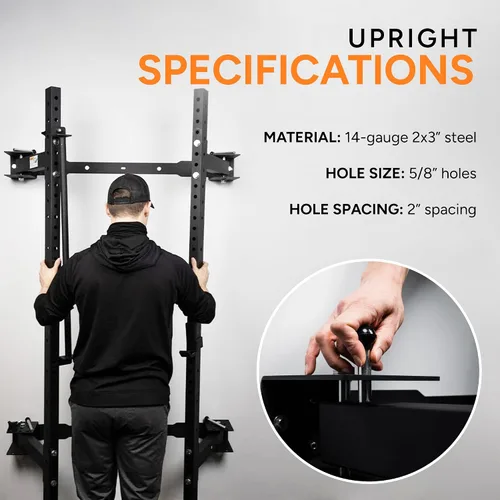 Miniatura 3 de PRx Performance Soporte plegable para sentadillas de pared, barra de dominadas ajustable resistente, equipo de gimnasio en casa que ahorra espacio