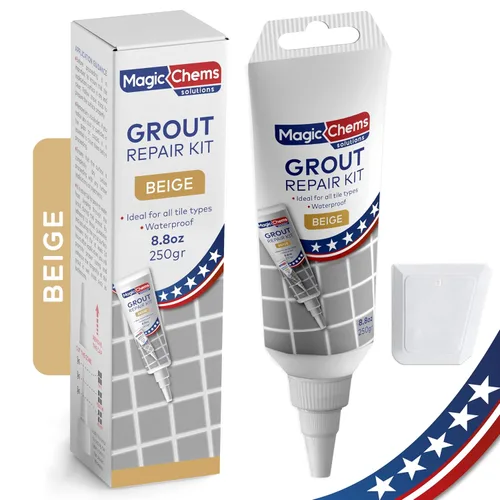 Magic Chems Kit de reparación de lechada de azulejos, beige 8.8 oz/250gr. Kit de reparación de tubo rellenador de lechada de secado rápido, sellador