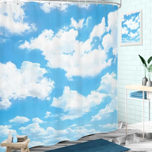 Miniatura 3 de Cortina de ducha con fondo de cielo azul, 72 x 72 pulgadas, paisaje natural, tela impermeable, poliéster, decoración de bañera, paquete de 12