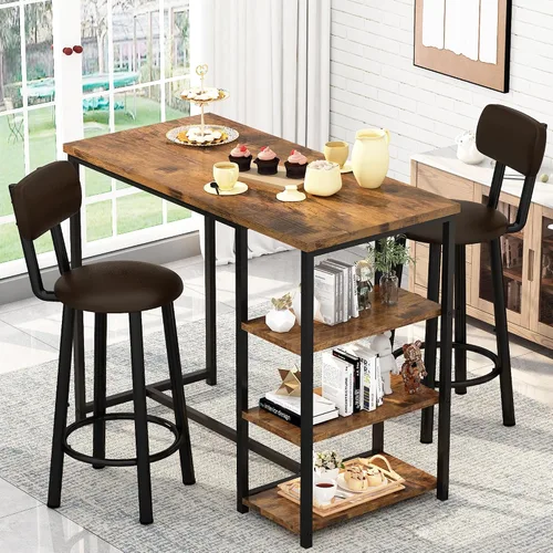 Miniatura 10 de Juego de mesa de comedor de cocina para 2, mesa de bar y sillas con 3 estantes de almacenamiento, comedor alto con 2 taburetes de respaldo de piel