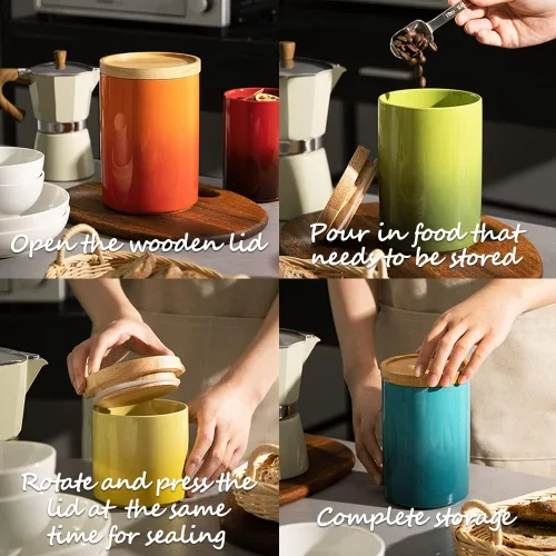 Miniatura 4 de Sweejar Tarro de cerámica para almacenar alimentos, recipientes de cocina apilables, recipientes con tapa de madera hermética para servir café Azul